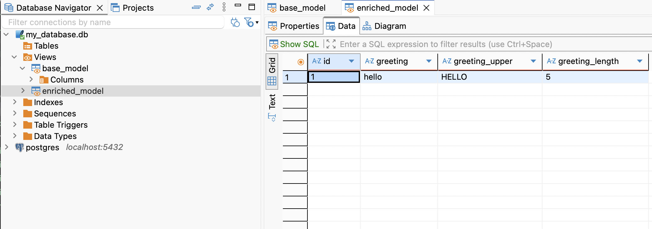 dBeaver user interface displaying the enriched_model table view produced by the dbt code. This table includes data that has been transformed from the base_model database you created.